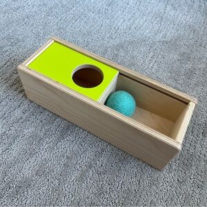 LOVEVERY Sliding Top Box - Wooden Box with Yellow Lid and Blue Felt Ball